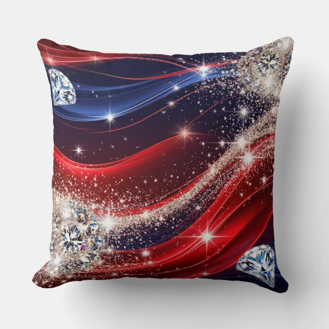 Sparkling Diamonds and Glittering Red Blue Waves Throw Pillow (Front)