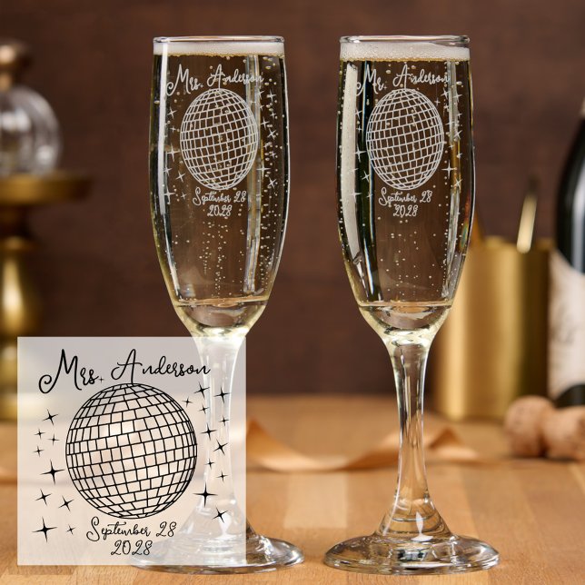Sparkling Disco Ball Mr and Mrs Toasting Glasses (Personalized Mr and Mrs Sparkling disco ball champagne flutes)