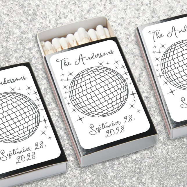 Sparkling Disco Ball Personalized Wedding Matchboxes (Custom disco wedding matches personalized with your name and wedding date. Disco ball sparkles.)