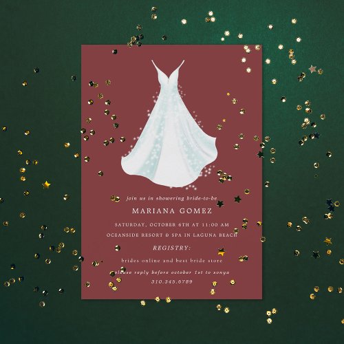 Sparkling Dress Quince or Bridal Shower Maroon Invitation