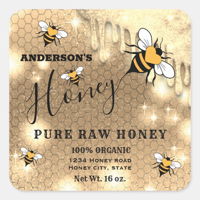 Sparkling drips Bee script honey jar label (Front)