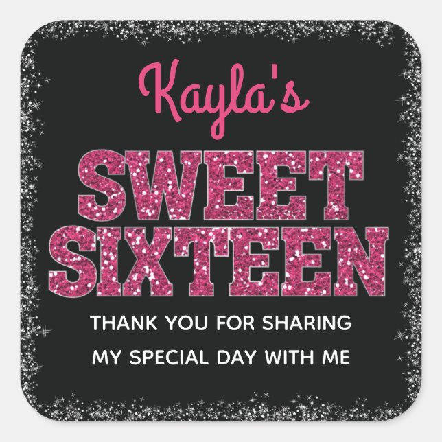 Sparkling Edge Pink Glitter Look Sweet 16 Square Sticker (Front)