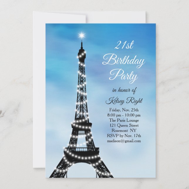 Sparkling Eiffel Tower 21st Birthday Invite blue (Front)