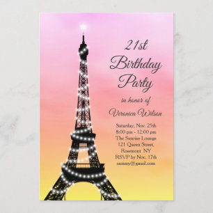 Sparkling Eiffel Tower 21st Birthday pink / coral Invitation