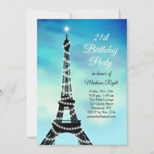 Sparkling Eiffel Tower 21st Birthday turquoise Invitation