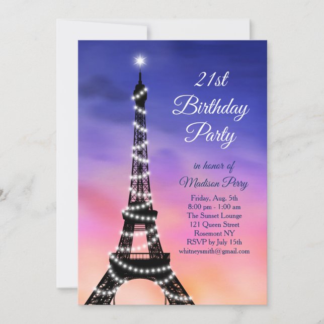 Sparkling Eiffel Tower Sunset 21st Birthday Invite (Front)