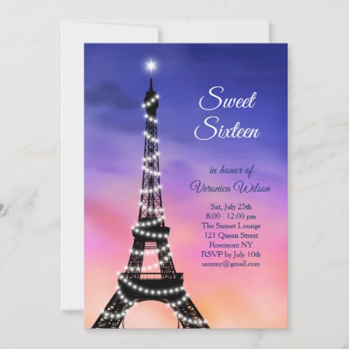 Sparkling Eiffel Tower Sunset Sweet Sixteen Invite