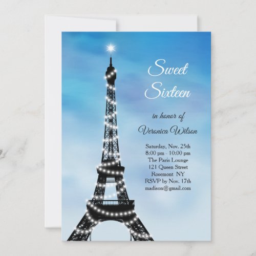 Sparkling Eiffel Tower Sweet Sixteen Invite blue