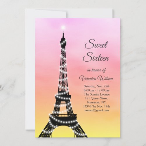 Sparkling Eiffel Tower Sweet Sixteen pink  coral Invitation