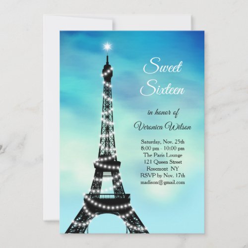 Sparkling Eiffel Tower Sweet Sixteen turquoise Invitation