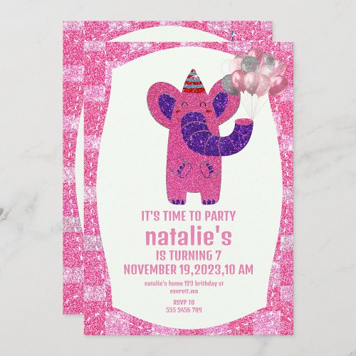 Sparkling Elephant pink Purple Glitter Brithday Invitation