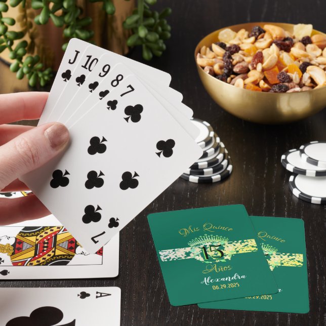 Sparkling Emerald Green Quinceañera Spanish Poker Cards (In Situ)