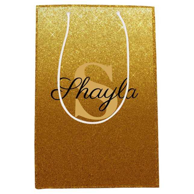 Sparkling Faux Gold Glitter Monogrammed Medium Gift Bag (Front)