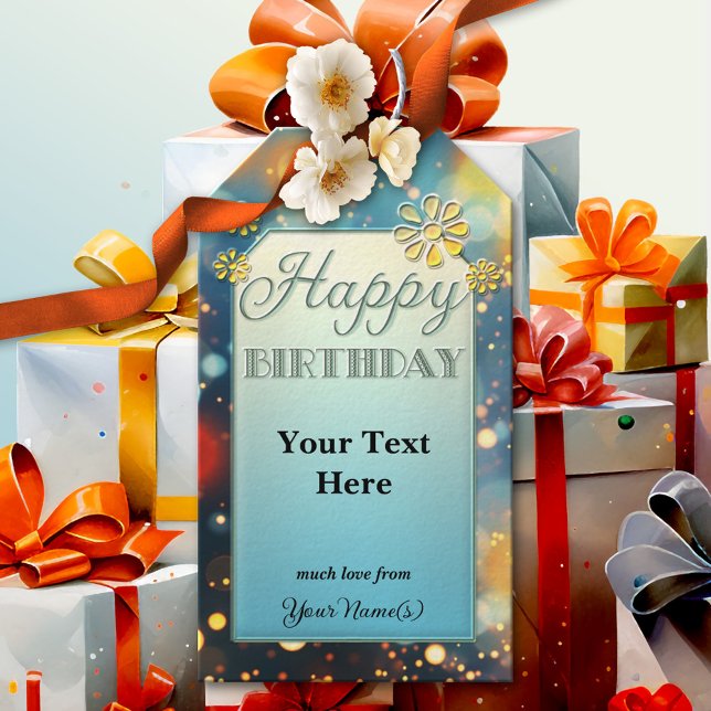 Sparkling Floral Fun Gift Tags (A fun design birthday gift tag featuring a sparkling floral design in blue and yellow orange)