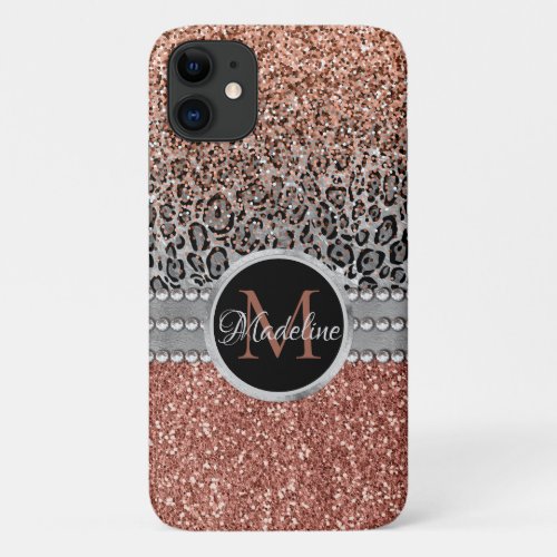 Sparkling Girly Rose Gold Glitter Leopard Monogram iPhone 11 Case