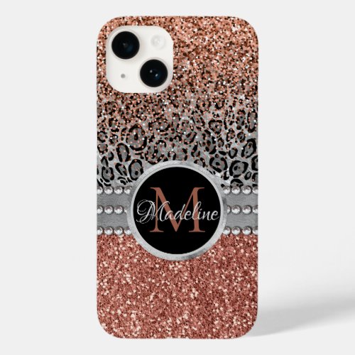 Sparkling Girly Rose Gold Glitter Leopard Monogram Case_Mate iPhone 14 Case