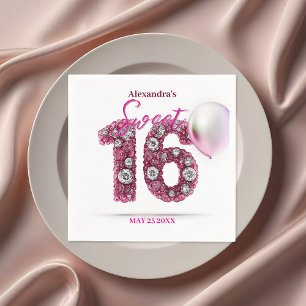 Sparkling Glam Pink & White Gemstone Sweet 16 Napkins