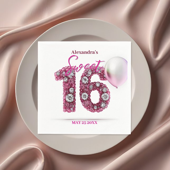 Sparkling Glam Pink & White Gemstone Sweet 16 Napkins (Creator Uploaded)