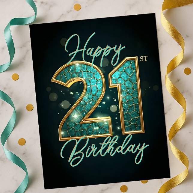 Sparkling Glamorous Teal Gold Black 21st Birthday Postcard (Creator Uploaded)