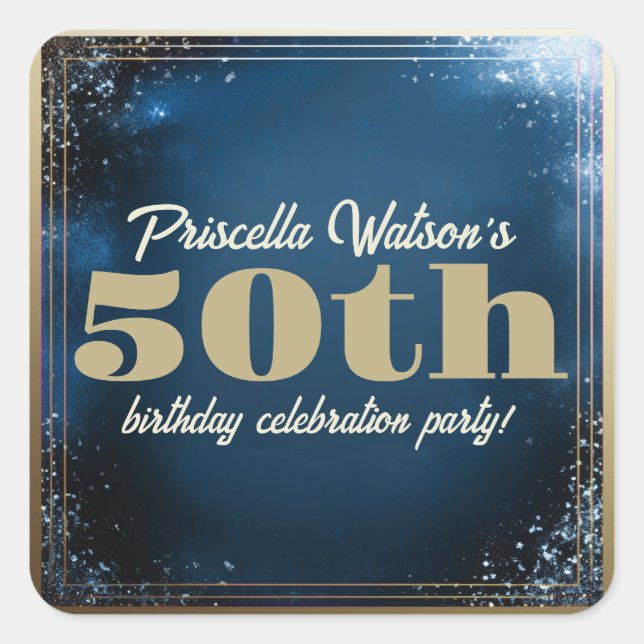 Sparkling Glitter Blue and Gold Birthday Party Square Sticker (Front)