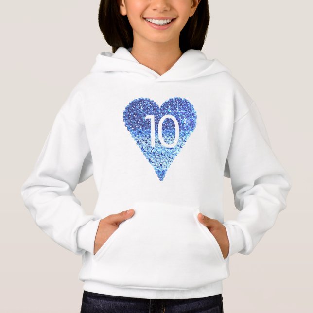 Sparkling Glitter Blue Heart 10th Birthday girl Hoodie (Front)
