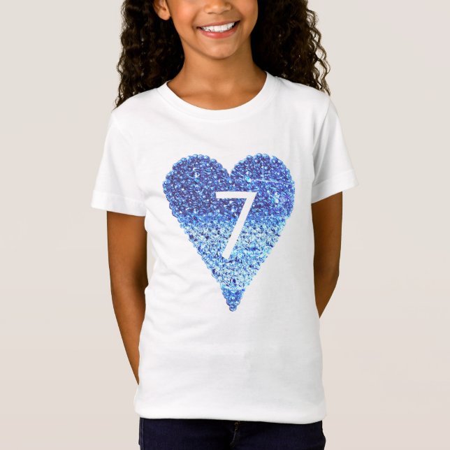 Sparkling Glitter Blue Heart 7th Birthday girl T-Shirt (Front)