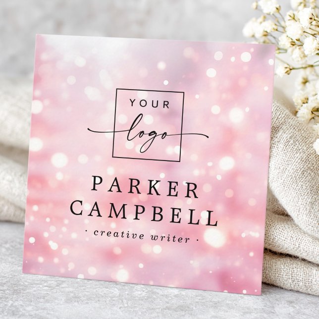 Sparkling glitter lights pink logo chic square business card (Sparkling bokeh lights pink logo chic square business card)