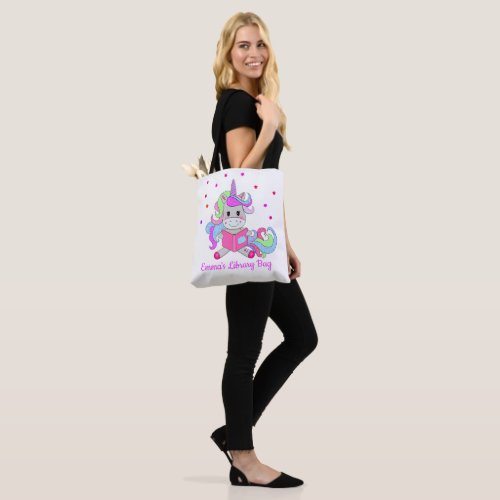 Sparkling Glitter Unicorn Reading Her Book Name Tote Bag