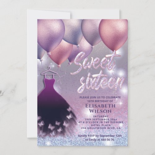 Sparkling glittery Lilac lavender dress balloon  Invitation