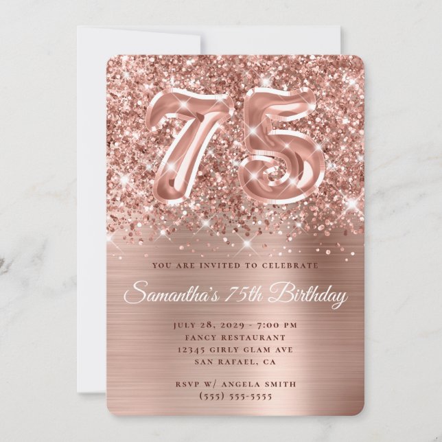 Sparkling Glittery Rose Gold Glam 75th Birthday Invitation (Front)