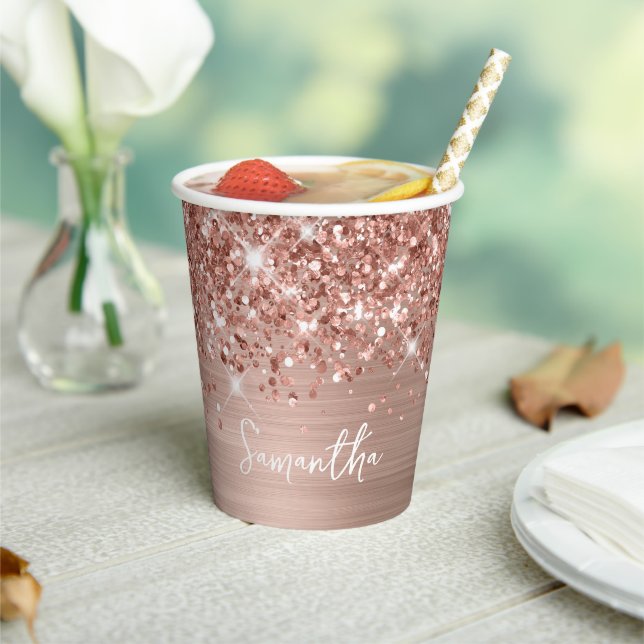 Sparkling Glittery Rose Gold Glam Name Paper Cups (Insitu)