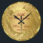 Sparkling Gold 50th Wedding Anniversary Large Clock<br><div class="desc">Elegant gold tones floral border with 2 hearts ,  Gold 50th Wedding Anniversary. It comes in silver tones.</div>