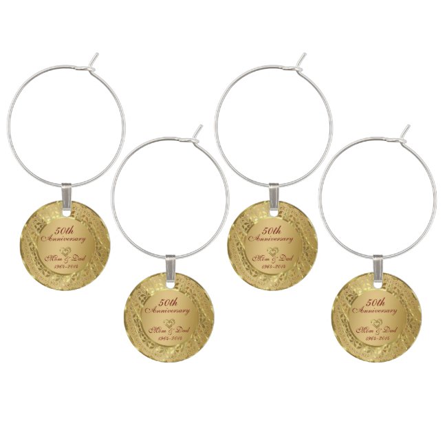 Sparkling Gold 50th Wedding Anniversary Wine Glass Charm (Staggered)