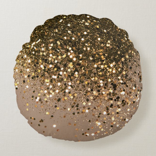 Sparkling Gold Brown Glitter Glam #1 Faux Glitter Round Pillow (Front)