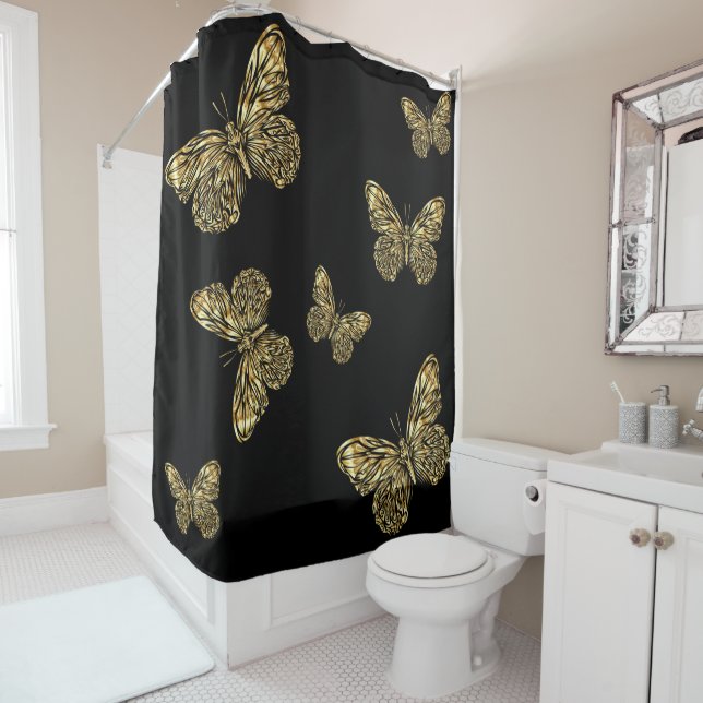 Sparkling gold butterflies at black Shower Curtain (In Situ)