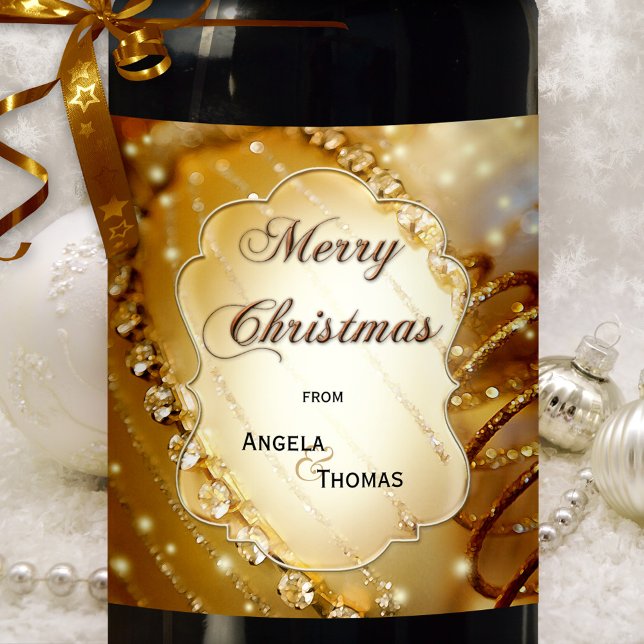 Sparkling Gold Custom Christmas Wine Label (Festive Christmas holidays wine label featuring a sparkling gold design with crystals)