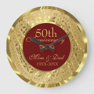 Sparkling Gold Damask 50th Wedding Anniversary Large Clock