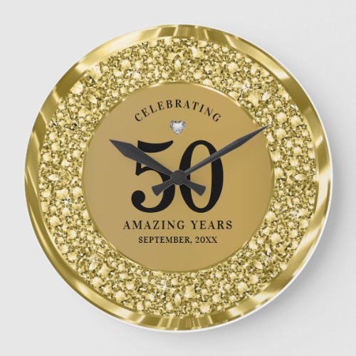Sparkling Gold Diamonds 50th Wedding Anniversary  Large Clock