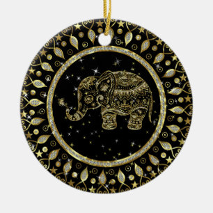 Sparkling gold elephant with gold frame ceramic ornament