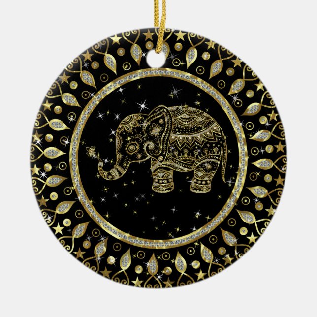 Sparkling gold elephant with gold frame ceramic ornament (Front)