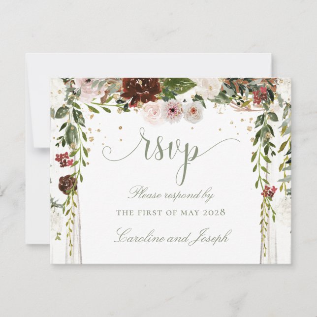Sparkling Gold Floral Chuppah Canopy Wedding  RSVP Card (Front)