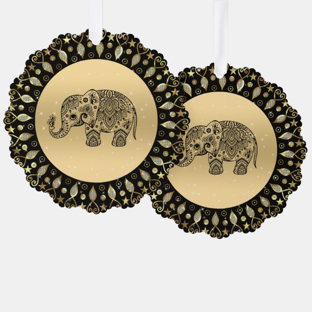 Sparkling gold frame black floral elephant ornament card (Front/Back)