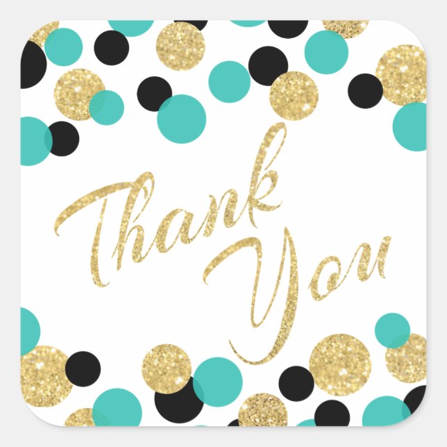 Sparkling Gold Glitter and Teal Confetti Thank You Square Sticker (Front)