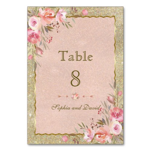 Sparkling Gold Glitter Blush Floral Table Number