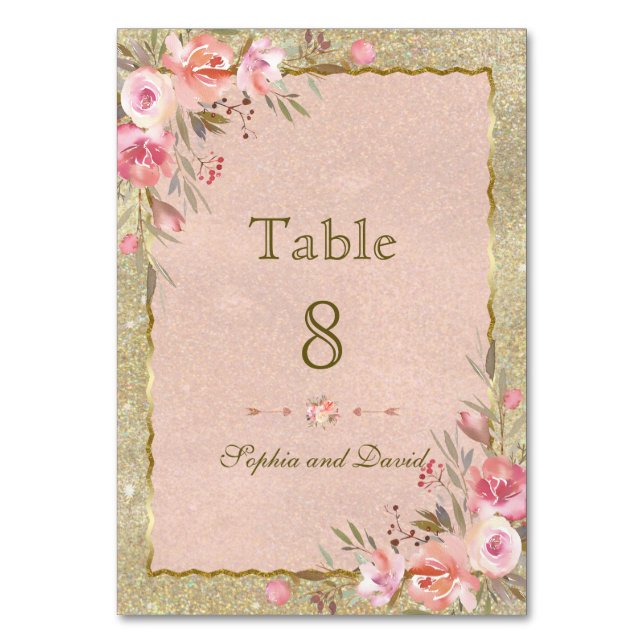 Sparkling Gold Glitter Blush Floral Table Number (Front)