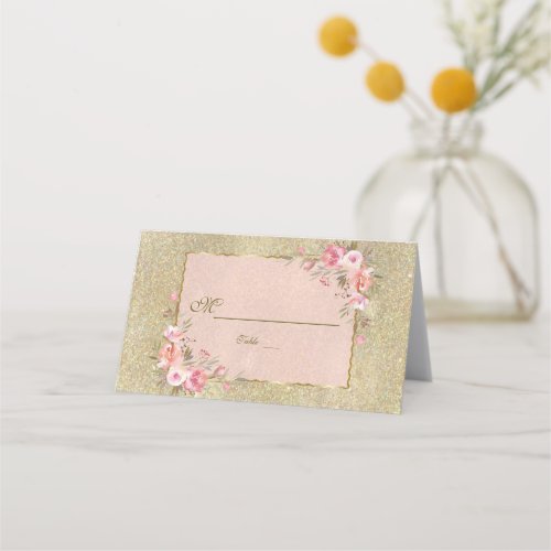 Sparkling Gold Glitter Blush Floral Table Number Place Card