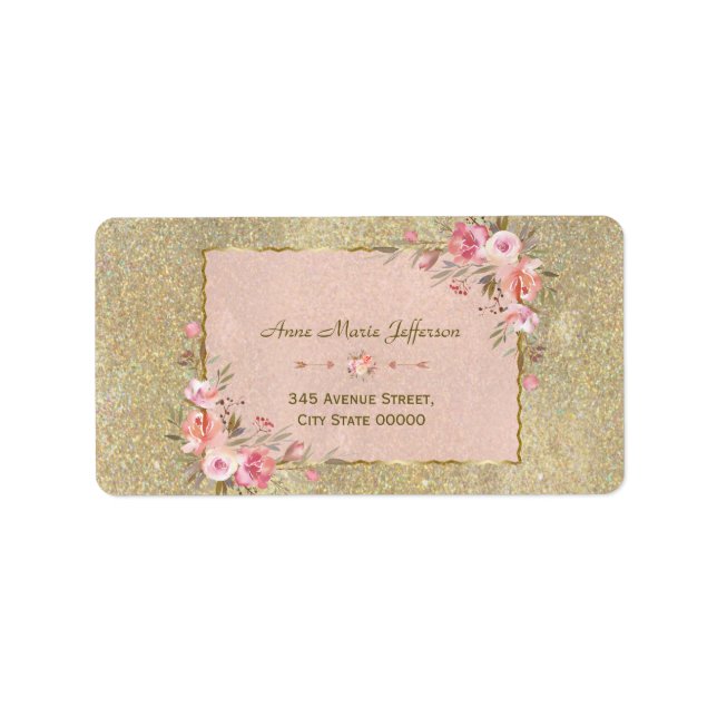 Sparkling Gold Glitter Blush Floral Wedding Label (Front)