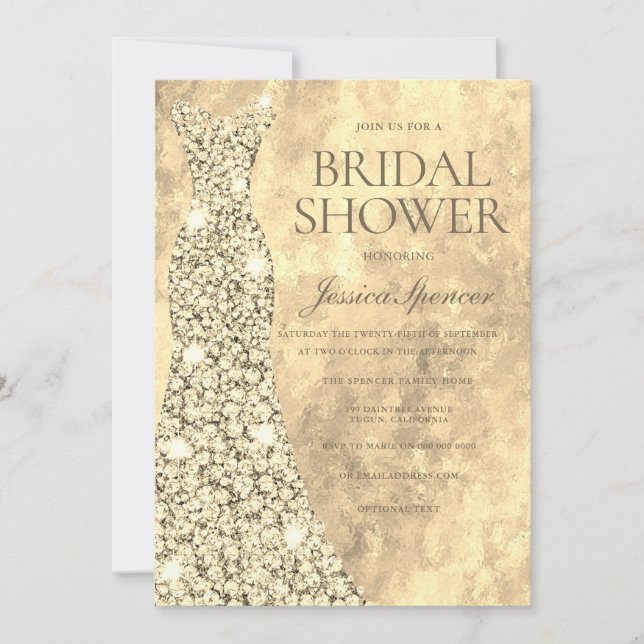 Sparkling Gold Glitter Dress Gown Bridal Shower Invitation (Front)