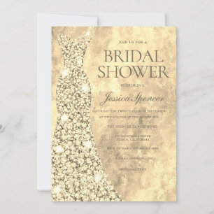 Sparkling Gold Glitter Dress Gown Bridal Shower Invitation