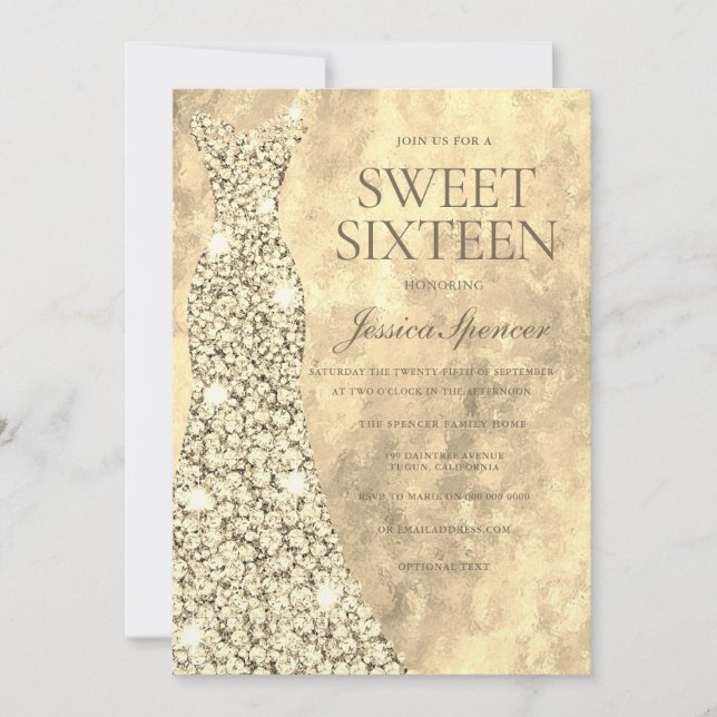 Sparkling Gold Glitter Dress Gown Sweet 16 Sixteen Invitation (Front)